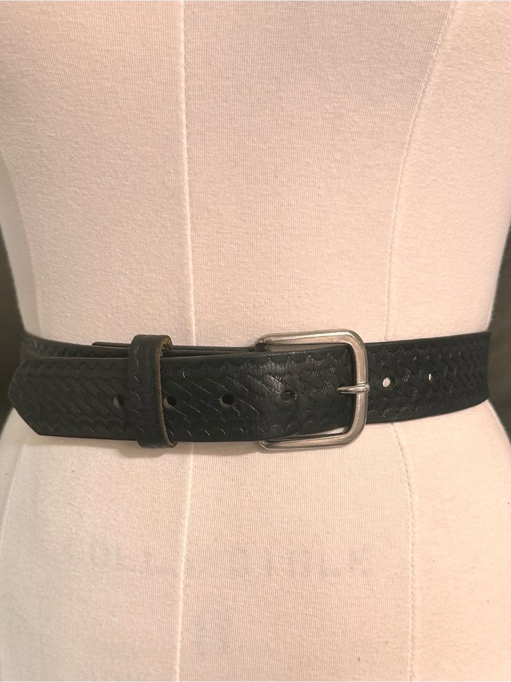 Men's Black Woven Leather Belt with Silver Buckle